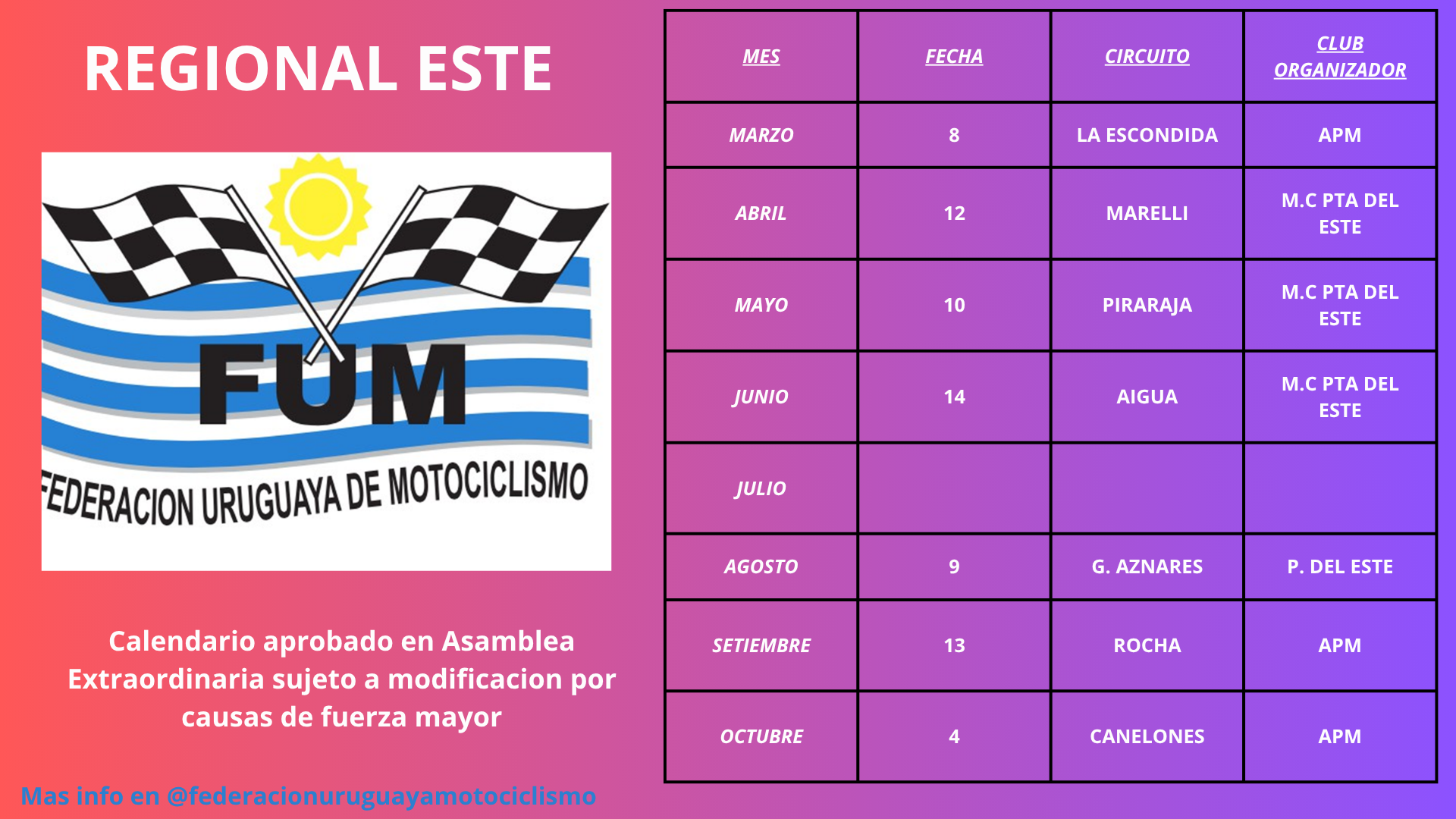 Calendario Regional Este 2026